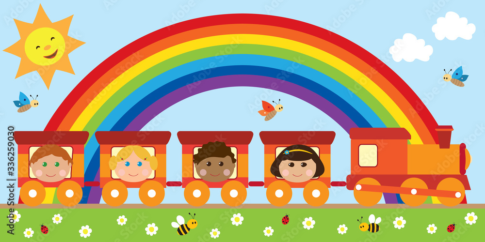 Kids being happy in the train on nature with smiley sun, a rainbow, bees and cute butterflies. Kids being happy in the train on nature with smiley sun, a rainbow, bees and cute butterflies.