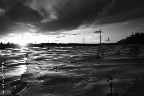 Grayscale winter sunset in Swedish Lapland, with breakable crust on the snow photo