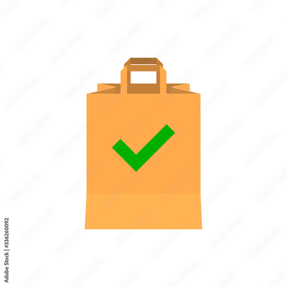 brown empty grocery paper bag with ok tick. flat icon isolated on white. vector illustration. recycle eco package for products or food. brown empty grocery paper bag with ok tick. flat icon isolated on white. vector illustration. recycle eco package for products or food.