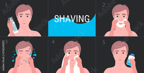 steps handsome man shaving with foam and cleaning face skin care concept portrait horizontal vector illustration