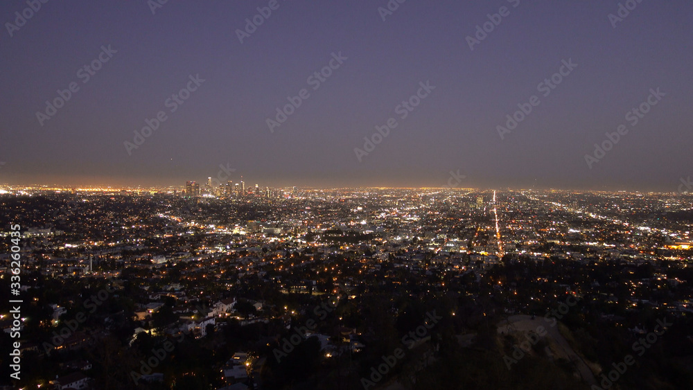 Ameazing aerial view over the city of Los Angeles by night