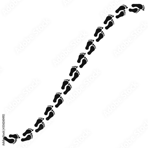 Vector illustration of black bare human footprints route - monochrome silhouette of walking person trailway with foot tracks isolated on white background. Trace of man steps.