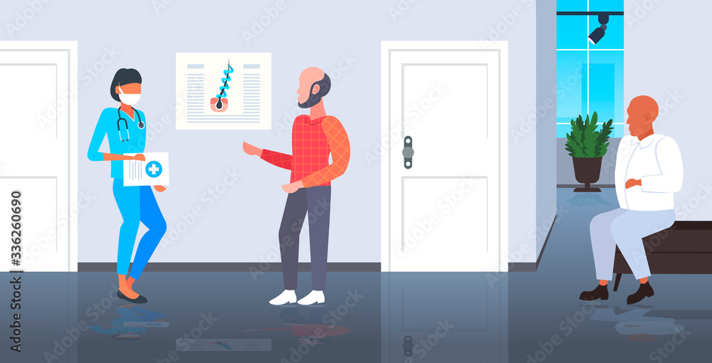 Obraz premium aesthetics doctor consulting balded man patient medical consultation baldness problem healthcare concept hospital interior horizontal full length vector illustration