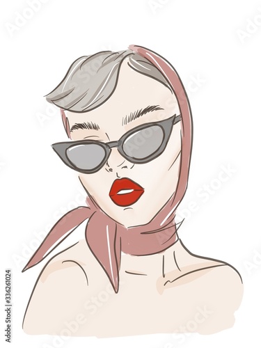 Fashion portrait of a beautiful brunette woman with shot hairstyle with red lips in sunglasses - illustration sketch