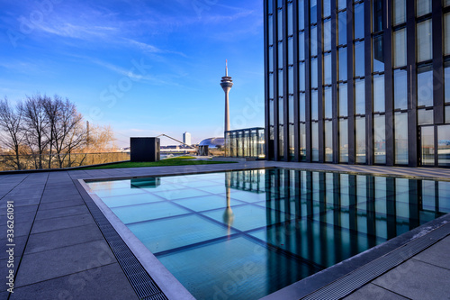 Obraz na płótnie reflection dusseldorf tv tower on Hyatt  regency hotel, tv tower Dusseldorf , Rh