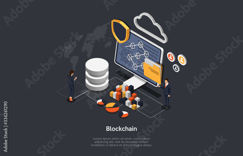 Isometric Blockchain, Teamwork And Cryptocurrency Concept. Isometric Digital Blocks Connection With Each Other, Shaping Crypto Chain. Blocks or Cubes, Connection Consists Digits. Vector Illustration