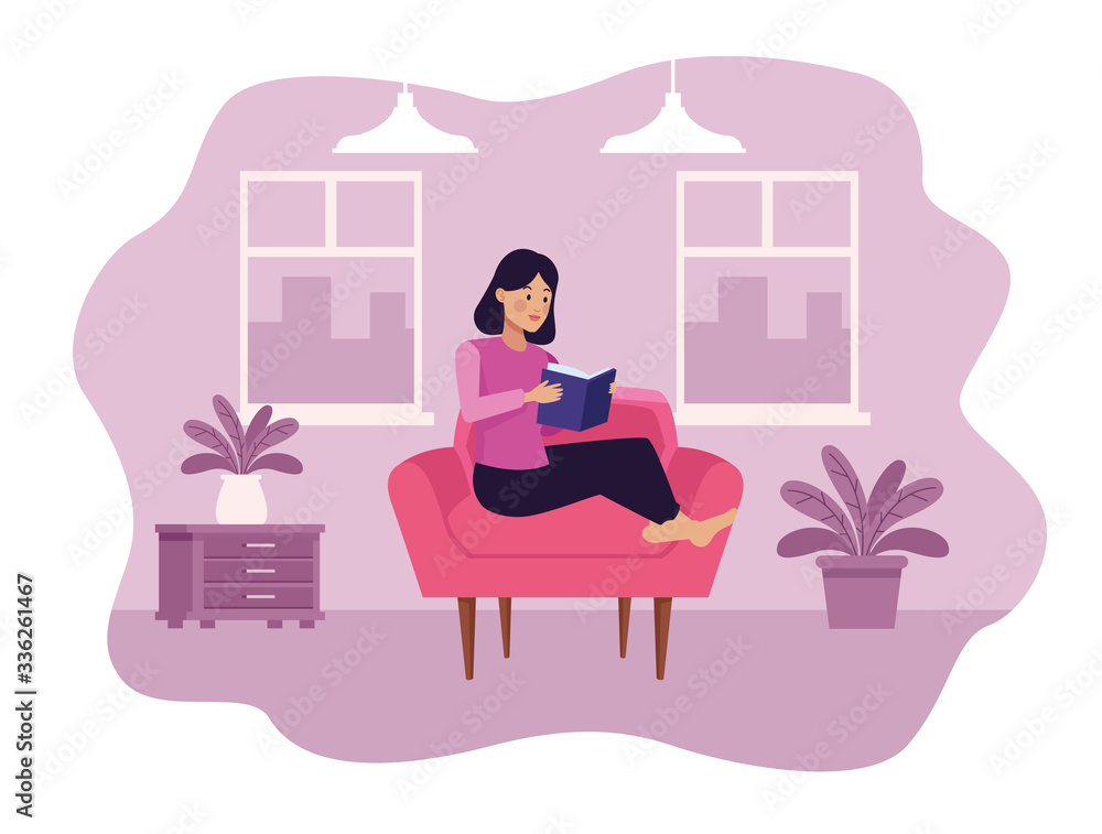 woman in livingroom reading book scene woman in livingroom reading book scene