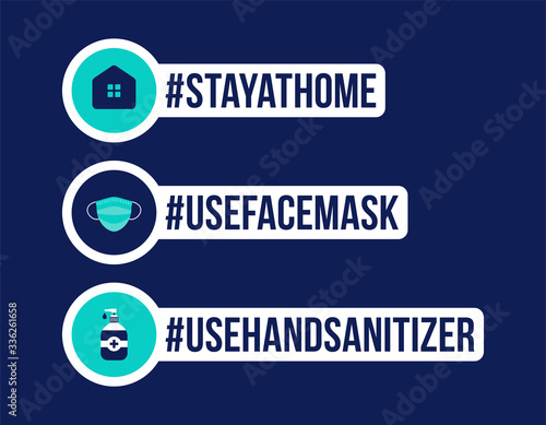 Prevention of COVID-19 all in one icon sticker vector illustration. Coronavirus protection badge with flat circle icon set. Stay at home, use face mask, use hand sanitizer
