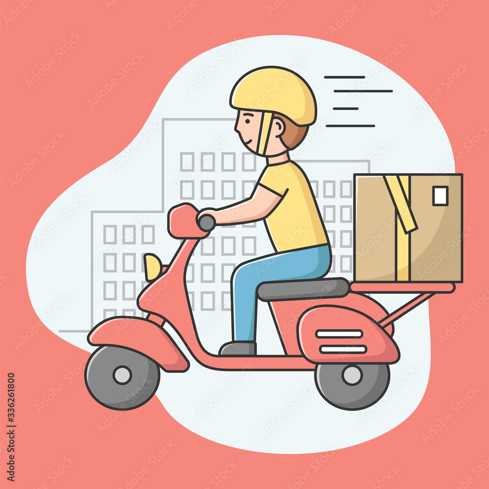 Concept Of Fast Delivery Service. Courier Is Transporting The Package. Man Is Deliver Packages To Customers By Motorbike. Worker In Uniform. Cartoon Linear Outline Flat Style. Vector Illustration