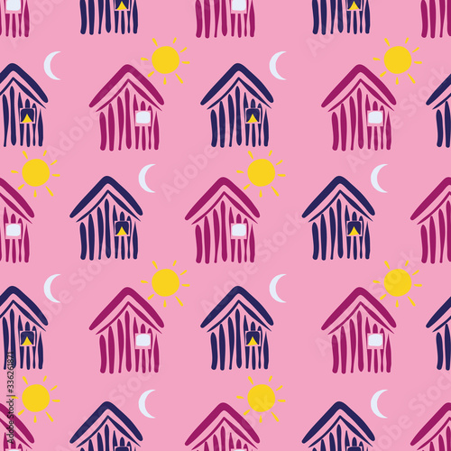 Pink and purple houses in day and night seamless vector pattern. Village themed surface print design. Fora backgrounds, fabrics, stationery and packaging.