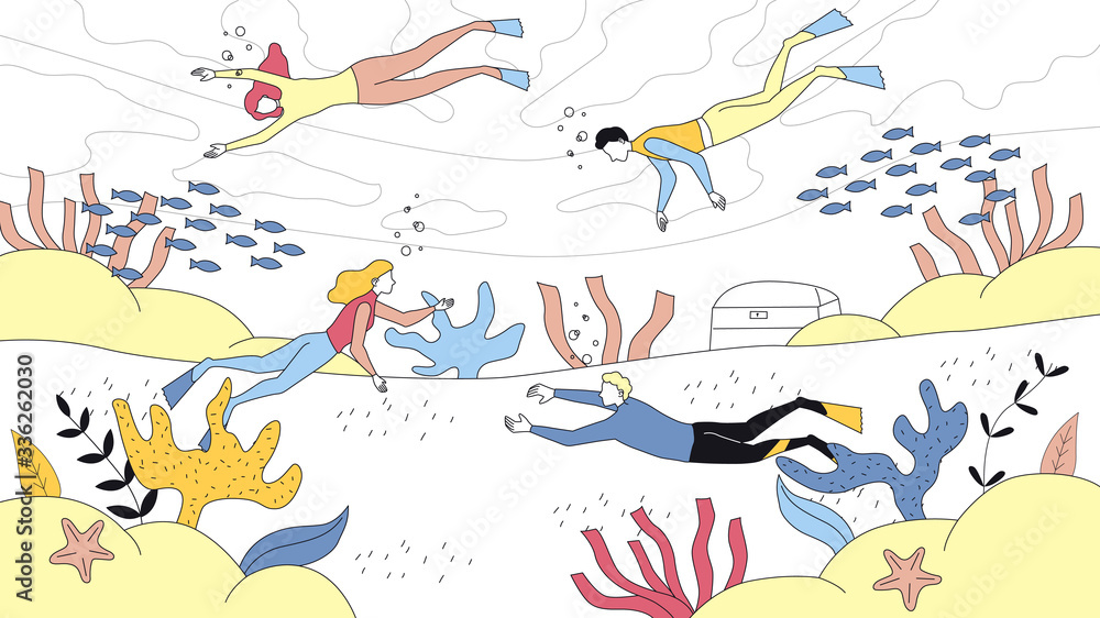 Concept Of Scuba Dive. Underwater Scuba Divers Men and Women Diving in Sea. People Swimming in Ocean in a Wetsuit and Exploring Sea Bottom. Cartoon Linear Outline Flat Style. Vector Illustration Concept Of Scuba Dive. Underwater Scuba Divers Men and Women Diving in Sea. People Swimming in Ocean in a Wetsuit and Exploring Sea Bottom. Cartoon Linear Outline Flat Style. Vector Illustration