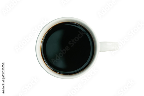 White cup of black coffee top view isolated on white with clipping path.