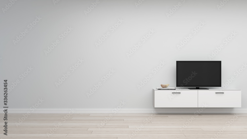 Bright living room interior with wooden floor, decor and tv. 3d render