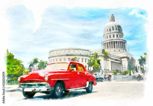 Digital watercolor of a red classic car passing by the Capitolio building in Old Havana, Cuba