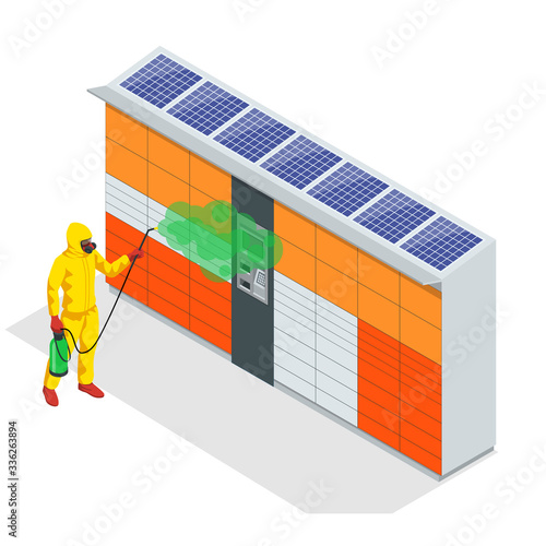 Isometric man in a white suit disinfects Parcel Delivery Locker with a spray gun. Virus pandemic COVID-19. Prevention against Coronavirus disease COVID-19.