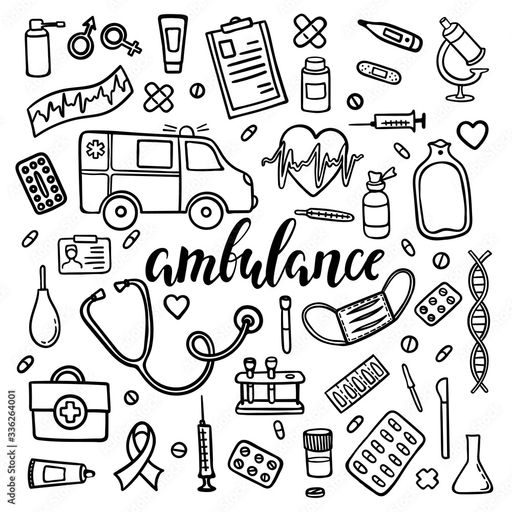 big set of hand drawn doodle medicine with lettering. Hand drawn calligraphy and brush pen lettering word ambulance. big set of hand drawn doodle medicine with lettering. Hand drawn calligraphy and brush pen lettering word ambulance.