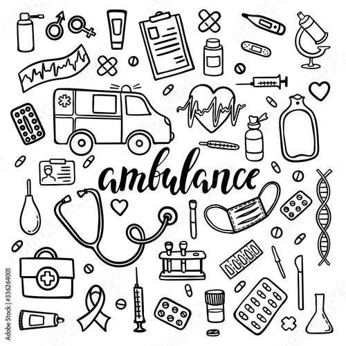 big set of hand drawn doodle medicine with lettering. Hand drawn calligraphy and brush pen lettering word ambulance.