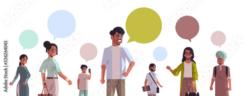 indian men women with chat bubble speech social media communication concept people using online chatting app horizontal portrait vector illustration
