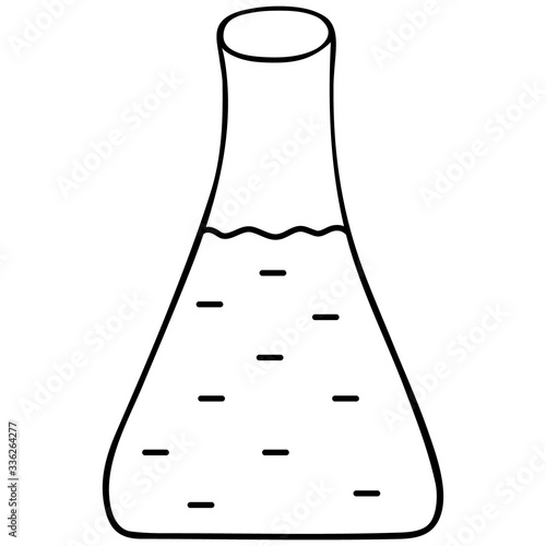 Flask with reagent. Sketch. Vector  Outline on an isolated background. Doodle style. Drug creation. Glass container for chemical research in the laboratory. Application in chemistry and medicine. 