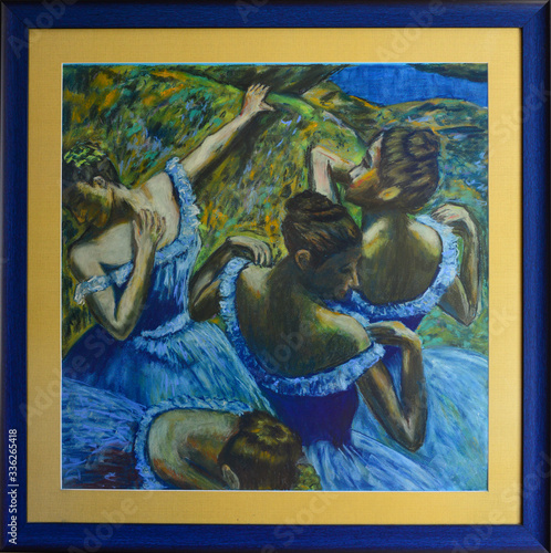 colorful oil pastels drawing. girls in blue dresses on a greenish background. Based on the picture - Blue dancers painted by Edgar Degas photo