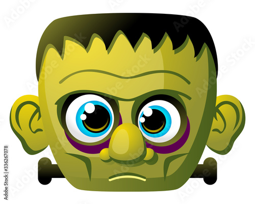 Vector cartoon drawing of green Halloween monster smiley face isolated on a white background. Represents: Halloween disguise, monster, undead, zombie, fall, October, movies, horror, terrifying, funny.