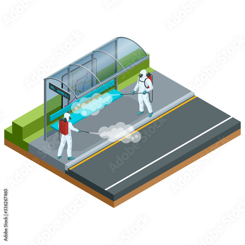 Isometric man in a white suit disinfects bus stop with a spray gun. Virus pandemic COVID-19. Prevention against Coronavirus disease COVID-19.
