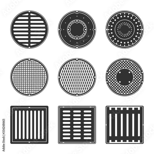 A set of vector sewer caps and grids isolated on a white background. Can represent sewage, maintenance, city services, sanitation, a manhole cover, drain, a restroom.