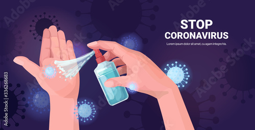 human hands applying antibacterial spray disinfection against virus bacteria stop coronavirus pandemic quarantine concept copy space horizontal vector illustration