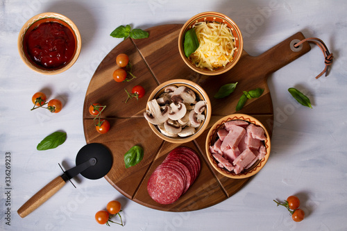 Pizza toppings. Ingredients for pizza on white background