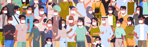 crowd of people wearing medical masks novel coronavirus 2019-nCoV epidemic disease pandemic quarantine concept men women standing together portrait horizontal vector illustration