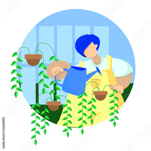 Gardener in working clothes with watering cans pours flowerpots in the greenhouse