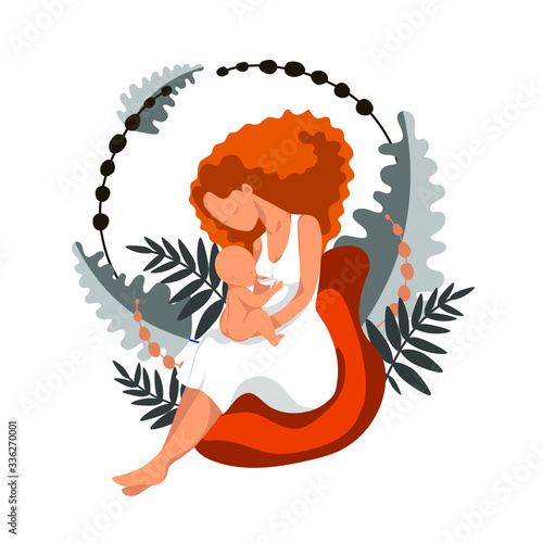 Newborn breastfeeding woman, mom with infant surrounded by exotic leaves, flat style illustration in a limited color palette. For use in printing or web design. Vector illustration