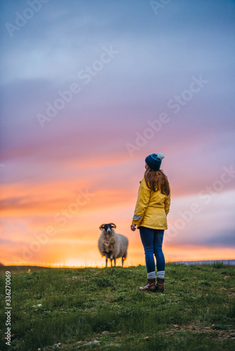 Woman in yellow jacket with sheep during colorful sunset