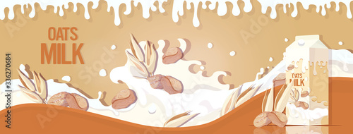 vegan plant based oats milk with splashing liquid and seeds organic dairy free natural organic milk in paper packaging horizontal vector illustration
