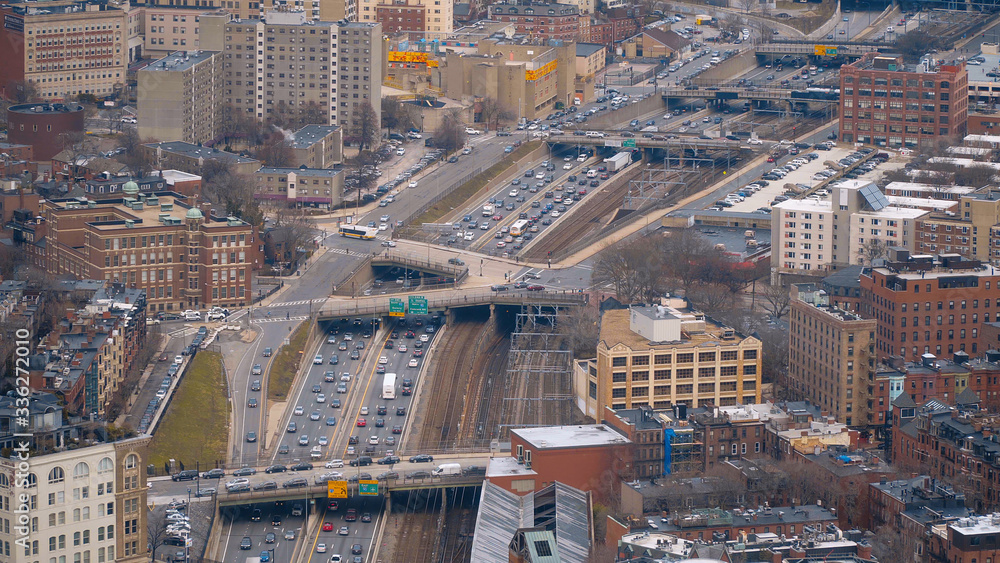 Traffic jam in Boston - aerial view