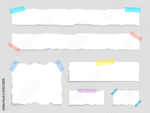 Set of torn paper affixed with duct tape. Paper waste. Torn paper, torn sheets and a sheet of paper for notes. Vector illustration.