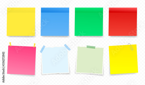 Notes stickers vector illustration. Colorful torn paper stickers, labels, notes and reminders with ribbon. Adhesive tapes with a shadow pattern.
