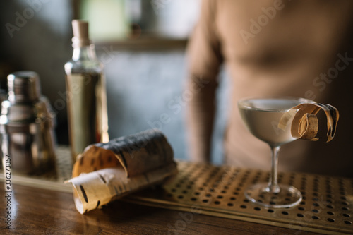 Cocktail based on gin, birch juice cordial and essential oil of frankincense, decorated with a piece of birch bark. Smooth image with shallow depth of field.