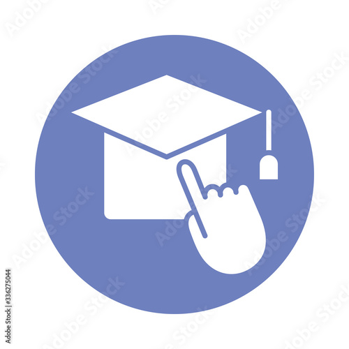 hat graduation with hand mouse cursor block style icon