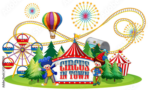 Font design for word circus in town with clowns in the circus