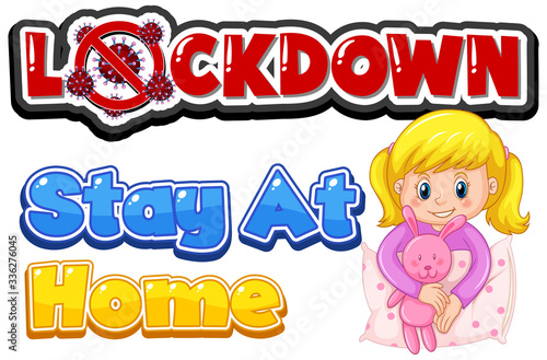 Font design for word lockdown with girl staying at home