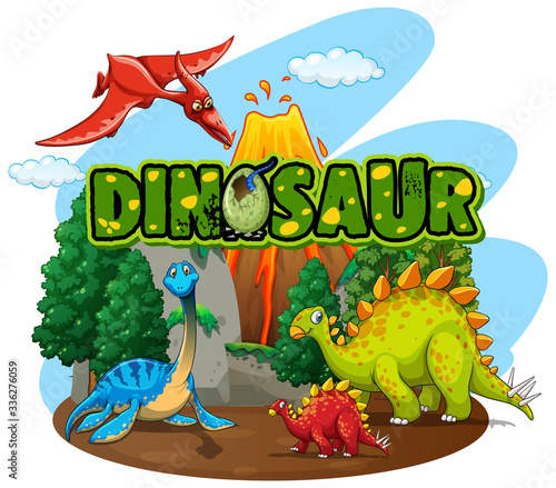 Font design for word dinosaur with many dinosaurs in the forest