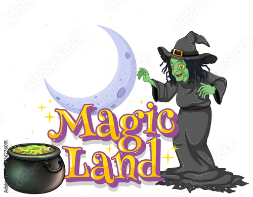 Font design for word magic land with green witch and magic brew