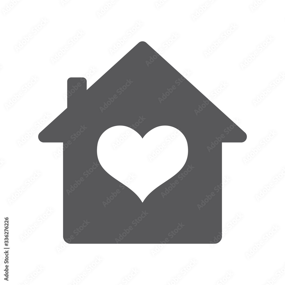 Stay at home. House icon with heart inside, symbol of care and love.