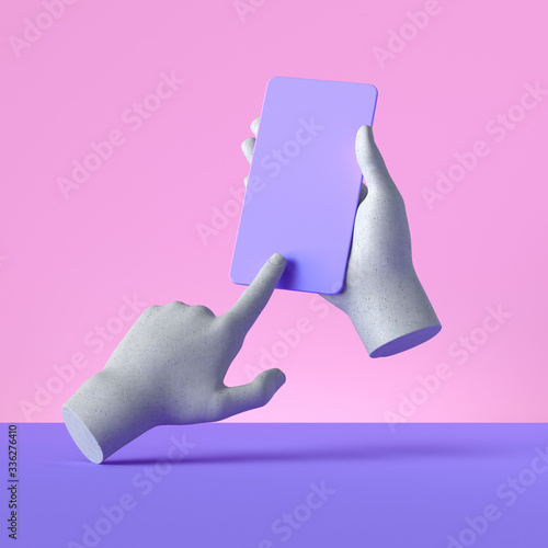 Fototapete 3D-Mosaik - Fototapete 3d render mannequin hands holding smart phone gadget, electronic device concept, isolated on pink violet background, minimal modern design. Remote control with touchscreen, user experience