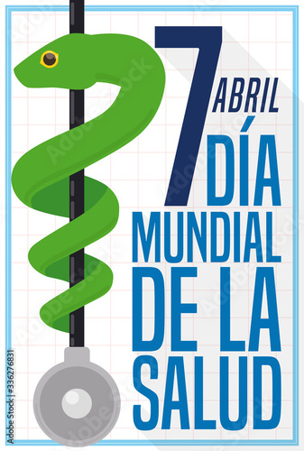 Asclepius Snake Tangled in Stethoscope Promoting Spanish World Health Day, Vector Illustration photo