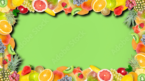 Fototapeta Naklejka Na Ścianę i Meble -  Creative photo of many different exotic tropical bright fruits frame with shadows on a summer green color background. View from above. Bright summer fruit pattern with copy space.
