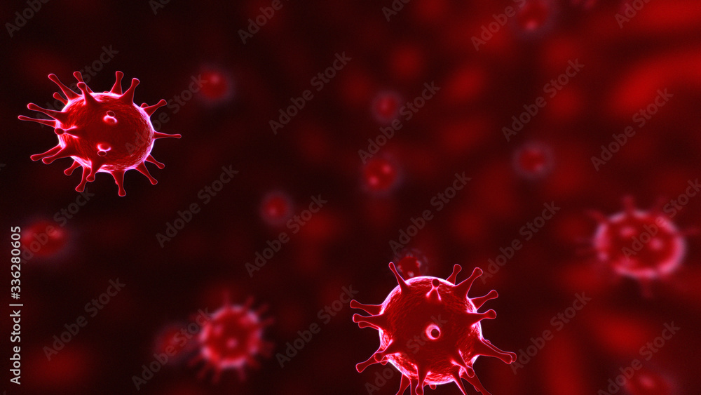 Fototapeta Viruses, Virus Cells under microscope, floating in fluid with red background. Pathogens outbreak of bacterium and virus, disease causing microorganisms. COVID-19 Coronavirus