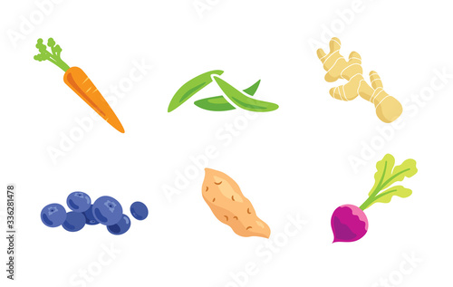 Organic Vegetables and Fruit. Carrot green beans ginger blueberries sweet potato.
