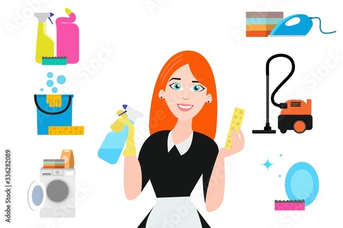 Cheerful housewife with chores in eps